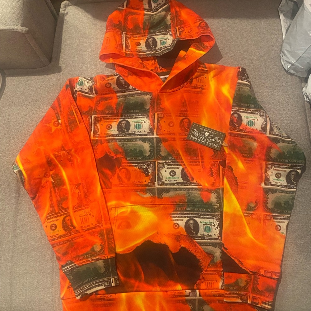 Denim Tear Authentic Burn It All Hoodie size S Orange flames/Money Hoodie